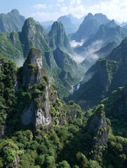 Naklejka premium Lush green mountains and valley aerial view