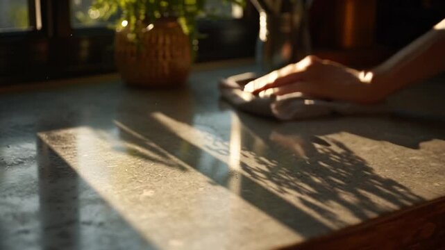 Hands Wiping Kitchen Counter in Morning Light
