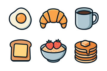 Breakfast food vector icon set. Cute cartoon collection of morning meal items like pancakes, eggs, and coffee.
