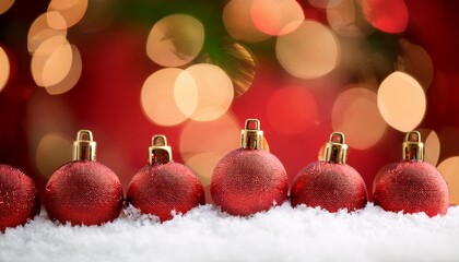 Red Christmas Ornaments On Snow With Bokeh Background