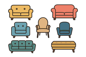 Sofas and armchairs vector icon set. Colorful collection of furniture for home living room interior.