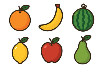 Cute fruits cartoon vector icon set. Simple collection of fresh and healthy orange, banana, and apple.