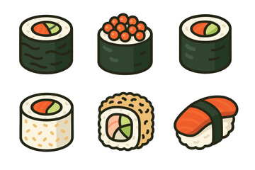 Sushi and japanese food vector icon set. Isometric collection of maki roll, nigiri, and gunkan sushi. © David