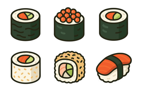 Sushi and japanese food vector icon set. Isometric collection of maki roll, nigiri, and gunkan sushi.