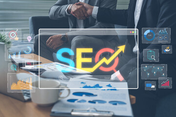 SEO concept for improving SEO visibility, with SEO related digital tools and SEO performance icons shown in an focused layout for strategic marketing. Spline