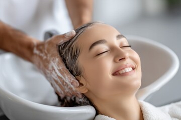 Obraz premium Smiling woman enjoys head massage and hair wash closing eyes for peaceful spa experience