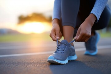 Woman tying gray running shoe on outdoor track, warm sunrise glow, copy space.