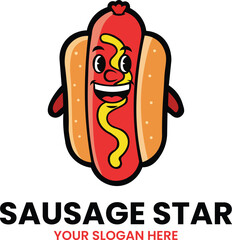 SAUSAGE STAR MASCOT LOGO – Cheerful hot dog with mustard swirl, sesame bun, and smiling face ideal for fast-food branding