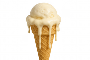 Creamy vanilla ice cream melting down a crispy waffle cone, depicting a refreshing cold, sweet summer dessert. Transparent background