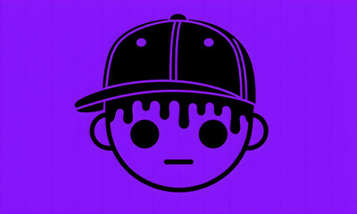 Fototapeta premium Black outline cartoon avatar of boy in baseball cap, purple background.