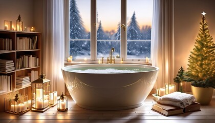 Relaxing Bath at Dusk with Bathtub Filled with Hot Steamy Water Standing in Front of Big Window Looking into Wintry Landscape. Christmas Tree, Lit Candles and Books. Christmas Holiday To Do List.