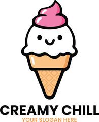CREAMY CHILL MASCOT LOGO – Smiling pink ice cream swirl in waffle cone symbolizing sweetness, fun, and dessert joy for food branding