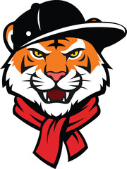 URBAN TIGER MASCOT LOGO – Stylish tiger head with cap and scarf showing fashion, confidence, and street attitude for lifestyle branding
