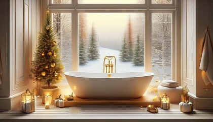 Relaxing Bath at Winter. Luxurious Bathtub Filled with Hot Water Standing in Front of Big Window Looking into Wintry Landscape. Christmas Tree, Lit Candles and Books. Christmas Holiday To Do List.