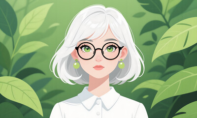 Elegant Woman with Glasses on Green Foliage Background Vector Illustration