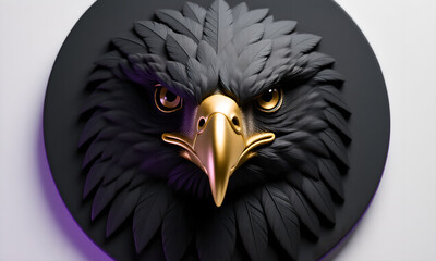 Fototapeta premium Dramatic black eagle with golden beak, portrait on dark round background