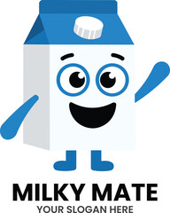 MILKY MATE MASCOT LOGO – Friendly milk carton with expressive face and blue-white design for dairy or beverage branding