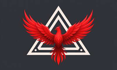 Majestic Red Phoenix Ascending Against Abstract Triangle Symbol on Dark Background