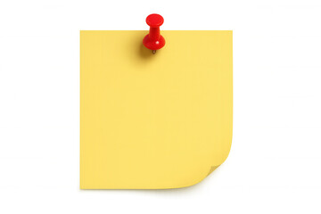 Yellow blank sticky note with red pushpin holding it, a concept of reminder, message, or task on transparent background