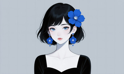 Elegant Woman with Blue Flowers, Digital Painting, Fashion and Style