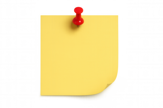 Yellow blank sticky note with red pushpin holding it, a concept of reminder, message, or task on transparent background