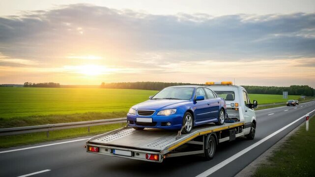 white tow truck transports blue sedan on highway at sunset Green fields stretch alongside the road under partly cloudy sky with other vehicles in the distance