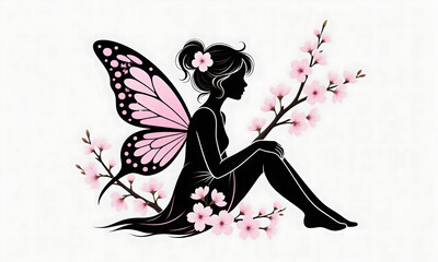 Elegant fairy silhouette with pink butterfly wings and cherry blossoms illustration