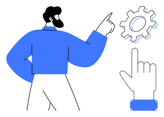 Person gesturing towards a cogwheel and a hand icon symbolizing teamwork, optimization, innovation, problem-solving, technology, business strategy, and user interaction. Minimal flat metaphor