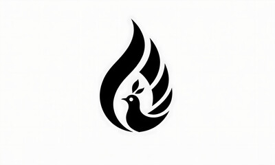 Minimalist Black and White Dove Logo with Leaf, Wings Illustration Art