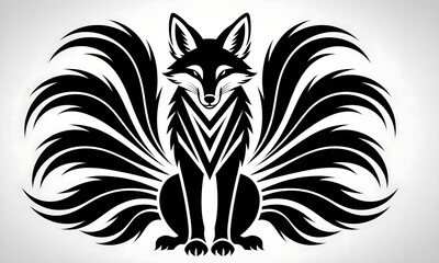 Striking Black and White Nine-Tailed Fox Vector Illustration on White Background