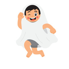 Child winking in a ghost costume suitable for halloween themed designs, kids party invitations, or playful advertising campaigns with a spooky theme