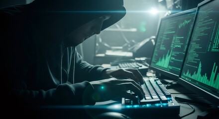 Man hacker in a black hoodie engaged in cybercrime. Data theft and computer hacking concept. Cybersecurity threat for protection.