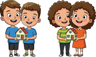 Cartoon children holding house models, boys and girls smiling, teamwork, cooperation, childhood friendship, community, playful learning, educational illustration