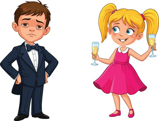 Cartoon children in formal attire, boy in tuxedo, girl in pink dress, celebration event, childhood fashion, elegant kids illustration © It's Sohan Here