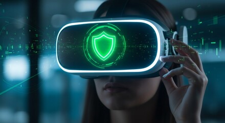 Woman wearing virtual reality headset with bright green shield for cybersecurity. Digital data protection and personal privacy concept.