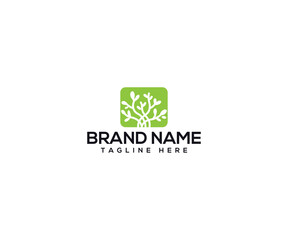 Abstract Tree Logo: A modern logo design featuring a stylized tree within a vibrant green square, with space for brand name and tagline, embodying growth, sustainability, and nature's elegance.