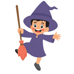 Cute kid in witch costume with broom for halloween, perfect for seasonal designs and festive promotions