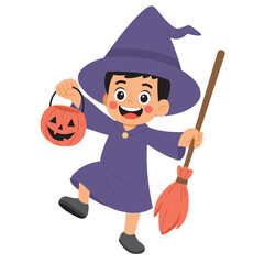 Child in witch costume with broom and pumpkin, perfect for halloween themed designs, invitations, greeting cards, and educational materials for kids