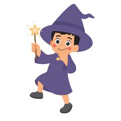 Boy in wizard costume holding star wand, great for halloween invitations, magical book covers, fantasy themed websites, and wizardry related designs