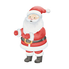 Santa Claus. Watercolor illustration of an old man with white beard and red hat. Symbol of New Year and Christmas. Isolated, white background