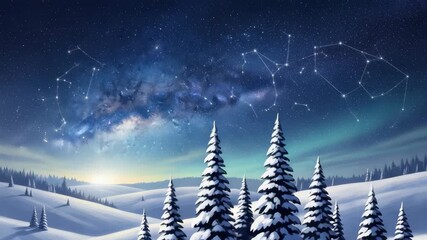 starry night sky with visible constellations and the Milky Way spans above snowy winter landscape Snow-laden evergreen trees dot rolling hills with subtle horizon glow - Powered by Adobe