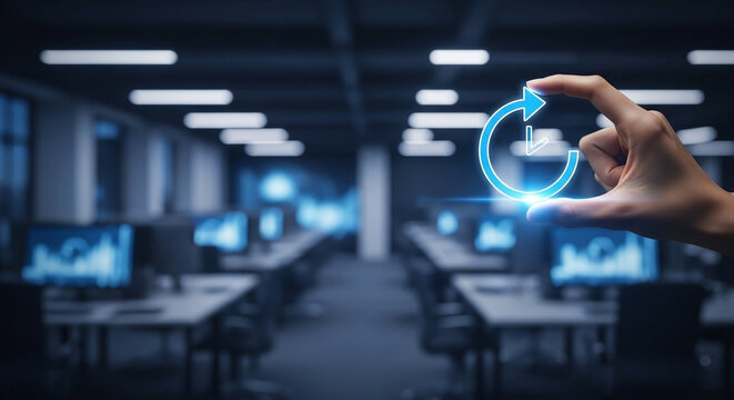 A hand holding a blue clock icon in a modern office with desks and computer monitors in the background