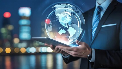 Man in suit with tablet displaying blue digital globe and network connections at night - Powered by Adobe