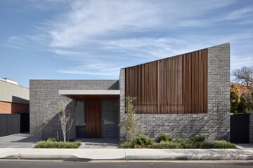 Obraz premium Modern architectural design of a contemporary house with textured brick and wooden features located in a suburban neighborhood under a bright blue sky