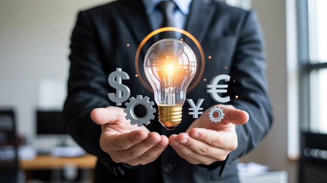 Businessman holding lightbulb with currency symbols and gears representing financial innovation ideas