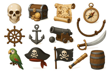 Pirate adventure collection: map, compass, skull, cannon, parrot, and more
