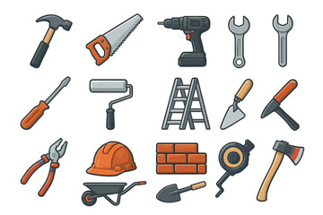 Collection of cartoon construction tools including hammer, drill, saw, and wrench