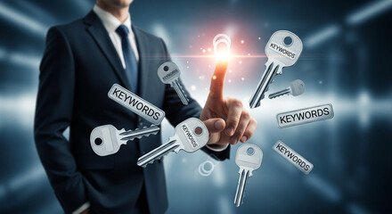 Man in suit touching floating keys labeled keywords in a digital abstract space with a bright light source