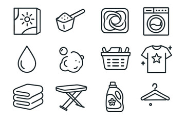 Icons for laundry essentials: detergent, washing machine, ironing board, clothes hanger