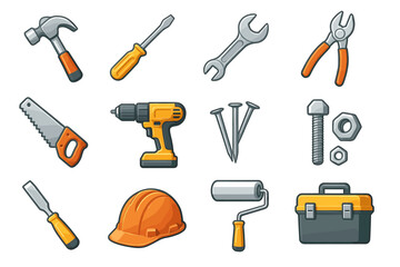 Colorful collection of hand tools and equipment for construction and repair projects